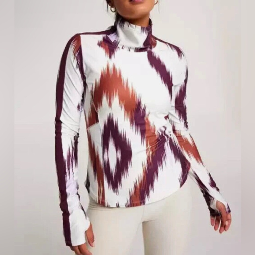 CALIA by Carrie Underwood White Top with Burgundy and Rust Ikat Print